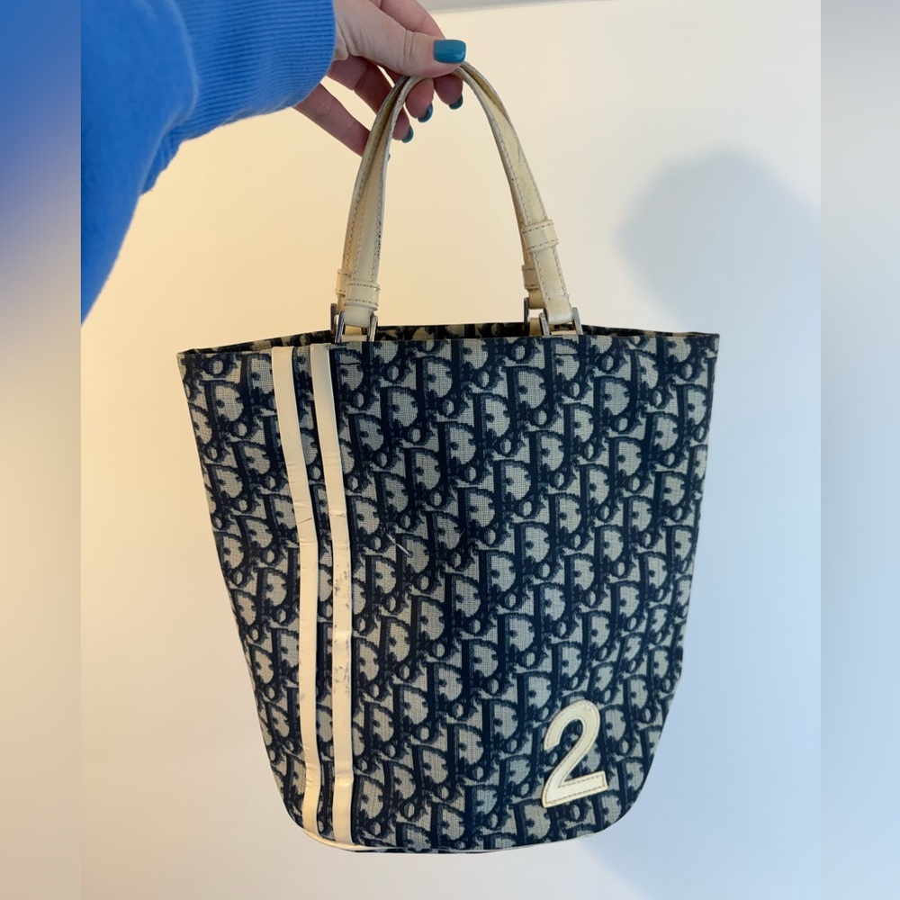 Vintage Dior Monogram Coated Canvas Trotter Tote with Blue and Cream Accents - Picture 2 of 15